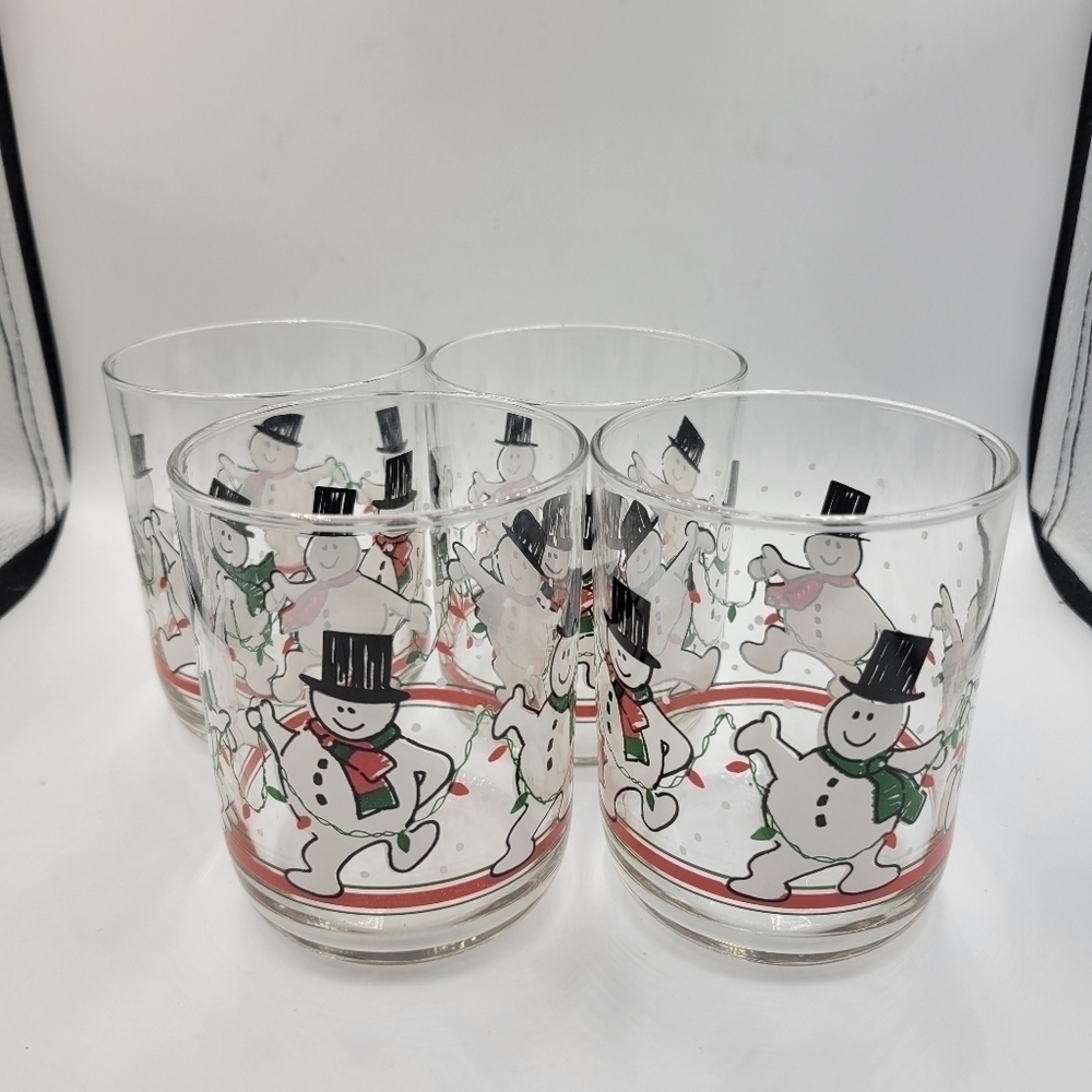 Vtg Libbey Dancing Snowmen Rocks Glasses - set of 4